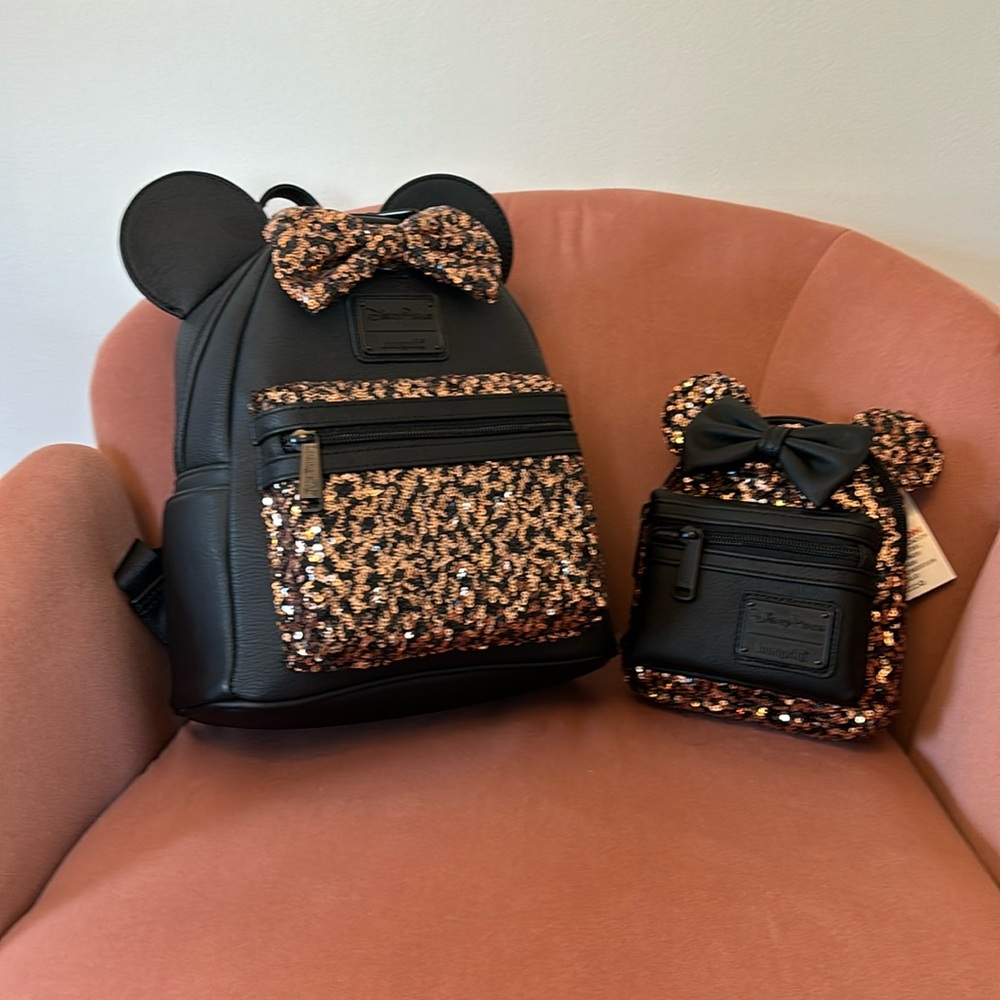 NWT Loungefly DisneyParks Backpack & Belt Bag in black with copper sequins